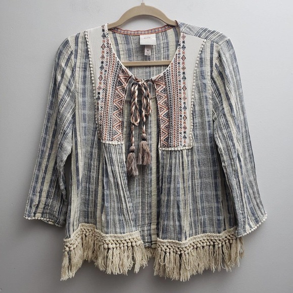 Knox Rose Sweaters - Knox Rose Boho Cardigan Topper MED Blue Pink Cream Striped Tie Fringe Festival